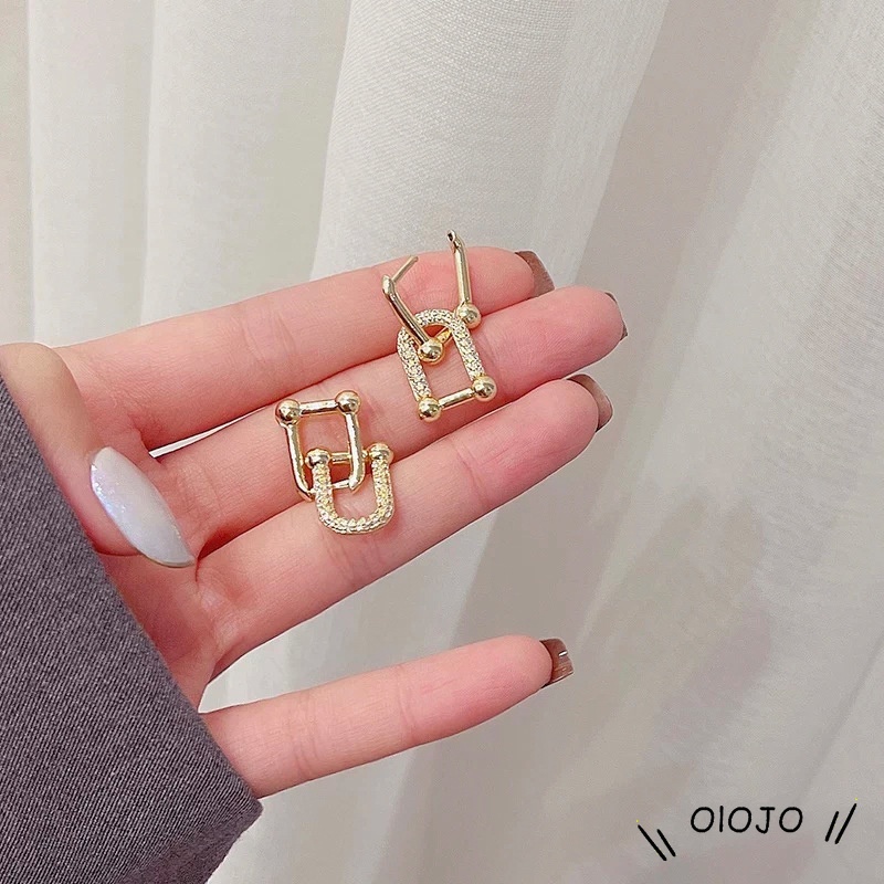 Fashion Bertatahkan Zirkon Berbentuk U Anting-Anting Emas Cincin Ganda Saling Geometris Dilepas Retro Telinga Stud Minoritas Perhiasan Untuk Wanita - ol