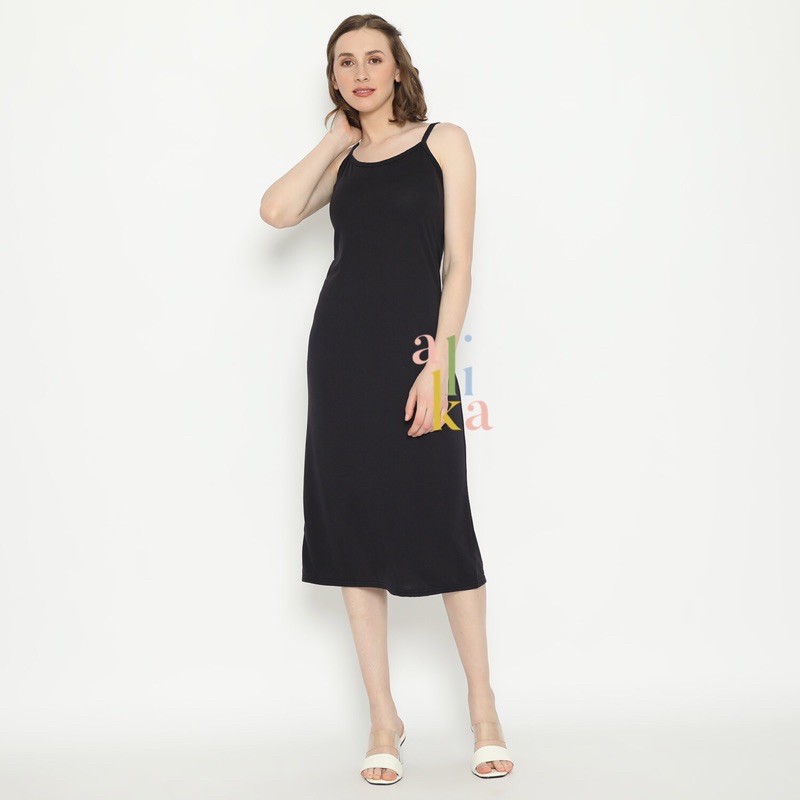 AlikaMode - Hana Midi Dress Tali Kecil Polos Wanita | Inner Tanpa Lengan Cewek Singlet Tunik Pendek 