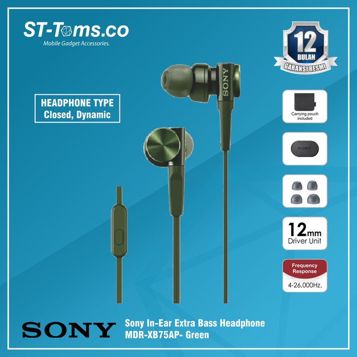 Sony In-Ear Extra Bass Headphone MDR-XB75AP / XB 75AP - Hijau - Hitam