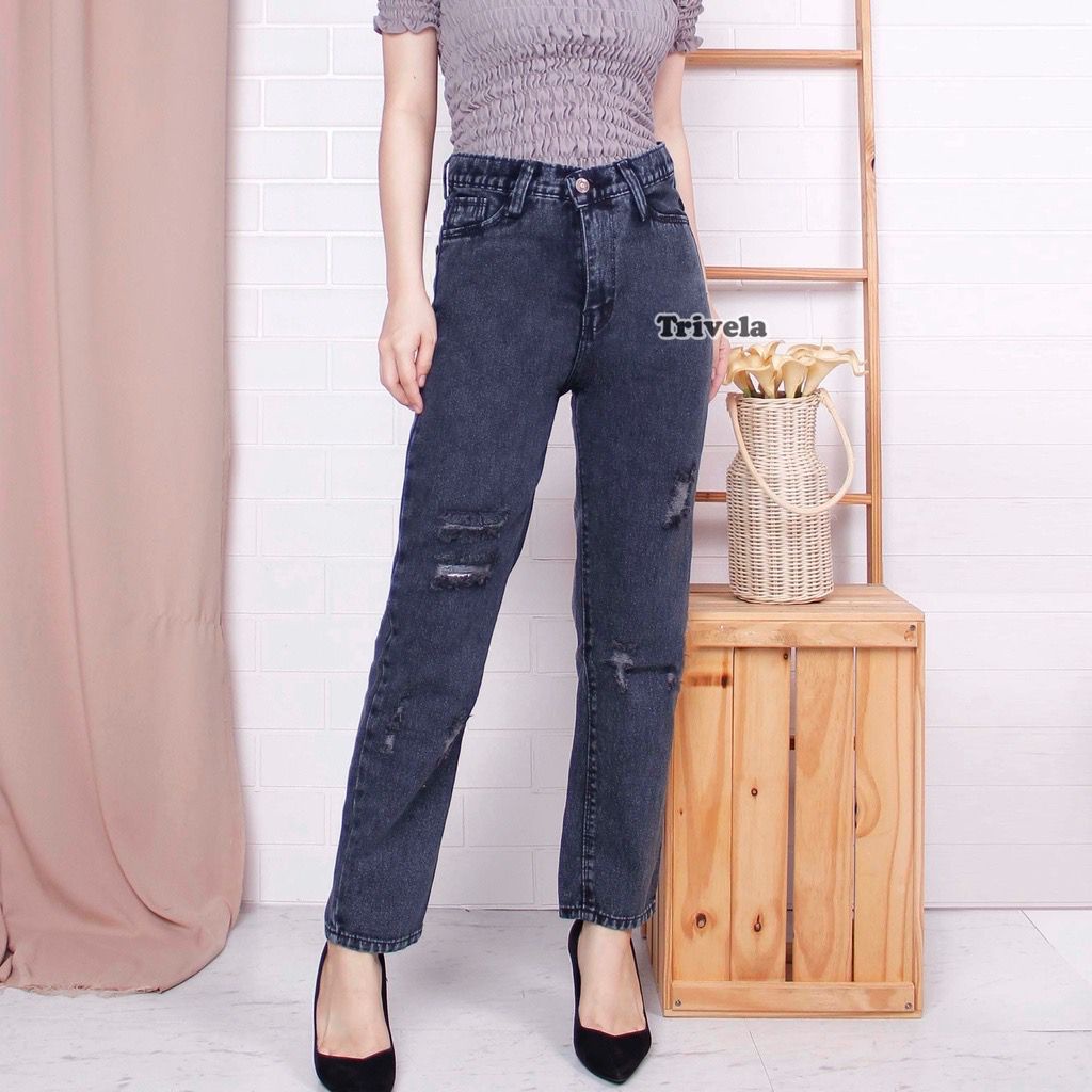 Celana Jeans Boyfriend Samanta Snow Black / Boyfriend Sobek Lapis