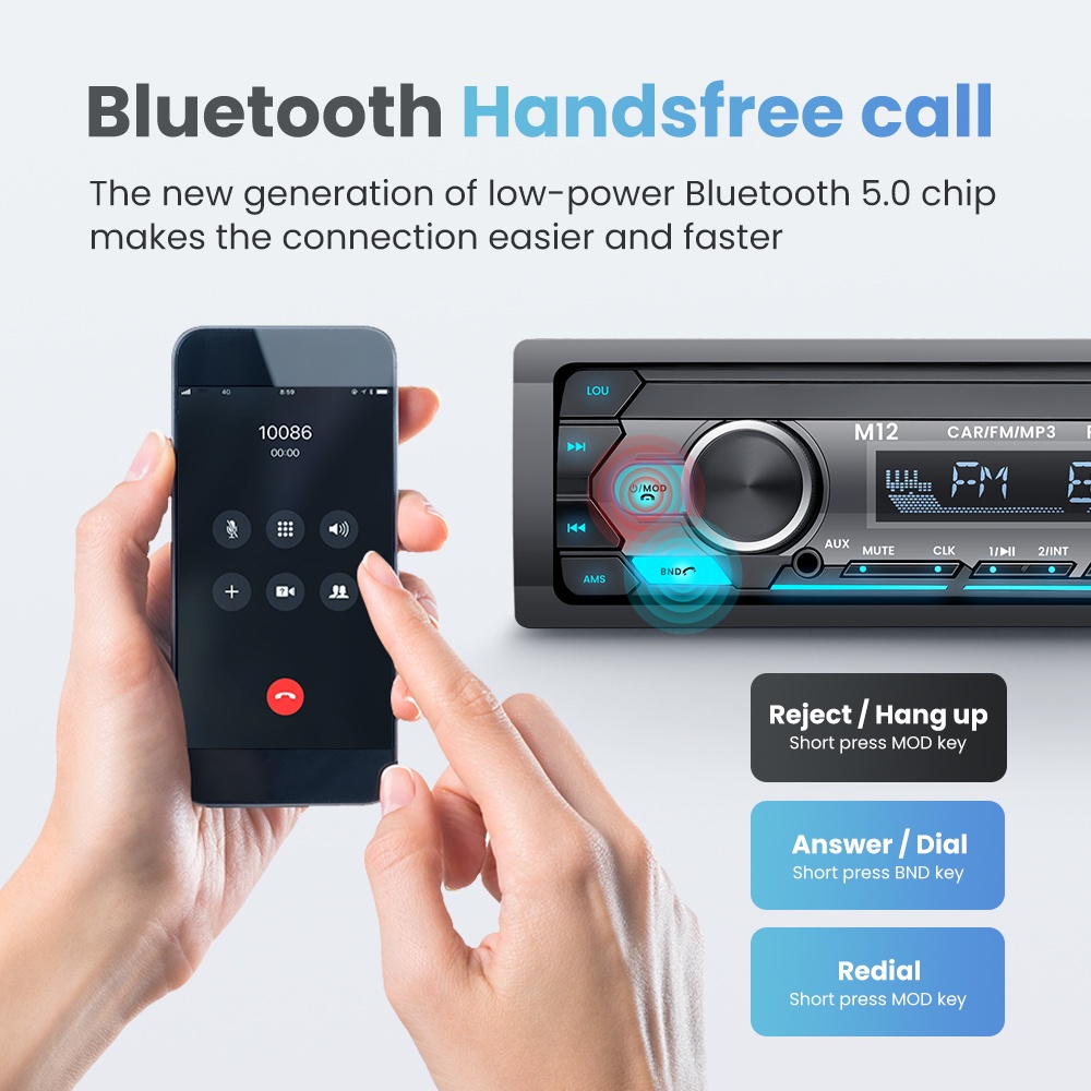 M12 Single Din Car Stereo Radio 1Din Bluetooth 5.0 AUX Input TF USB Head Unit Receiver Mendukung Kontrol Aplikasi Asisten Suara