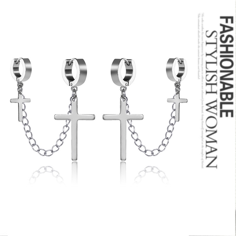 One Piece Versi Korea Punk Cross Double Cincin Anting-Anting Tren Pria Stainless Steel Klip Telinga Hitam Street Gothic Manset Anting-Anting
