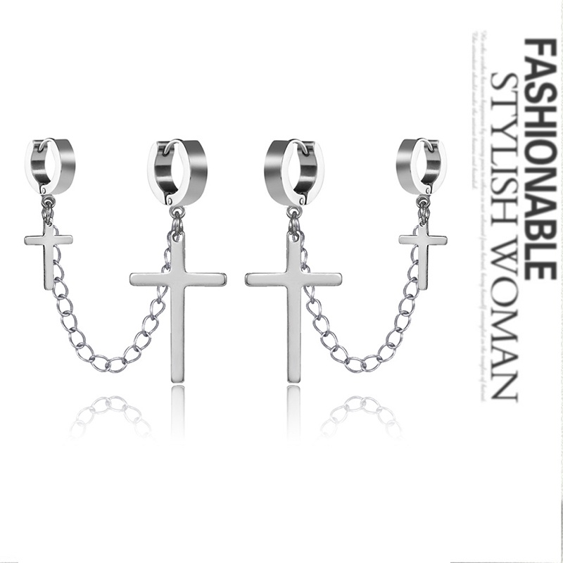 One Piece Versi Korea Punk Cross Double Cincin Anting-Anting Tren Pria Stainless Steel Klip Telinga Hitam Street Gothic Manset Anting-Anting