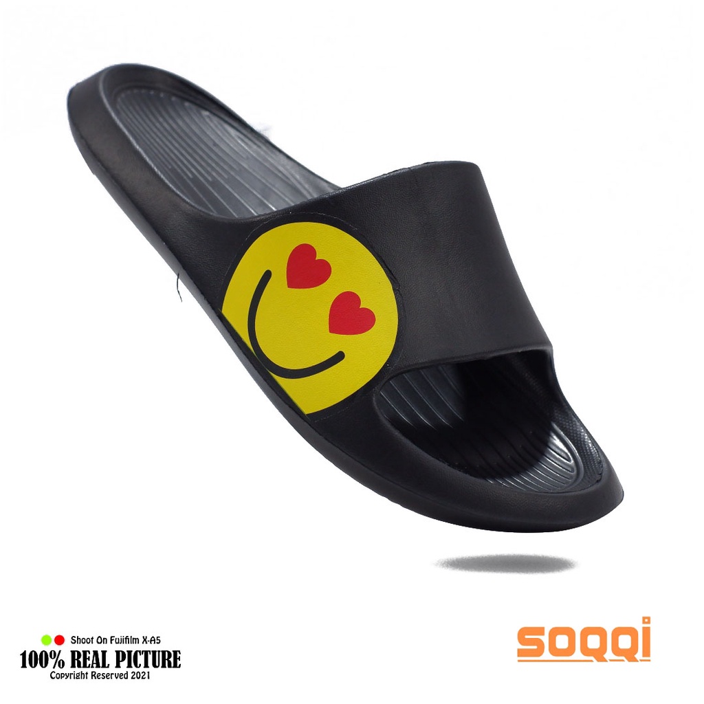 Sandal selop wanita import karet original sendal slop cewek perempuan dewasa model distro gambar smile slip on lucu tahan air branded terbaru Soqqi-Km 080 1B promo lebaran murah keren cod 36-40