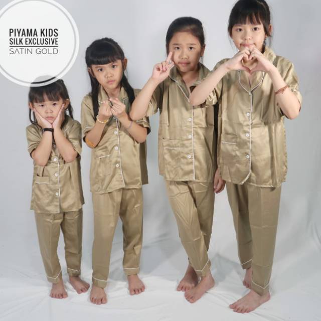 PIAMA SATIN SILK COKLAT COUPLE  MOM  AND KIDS  PIYAMA BAJU  