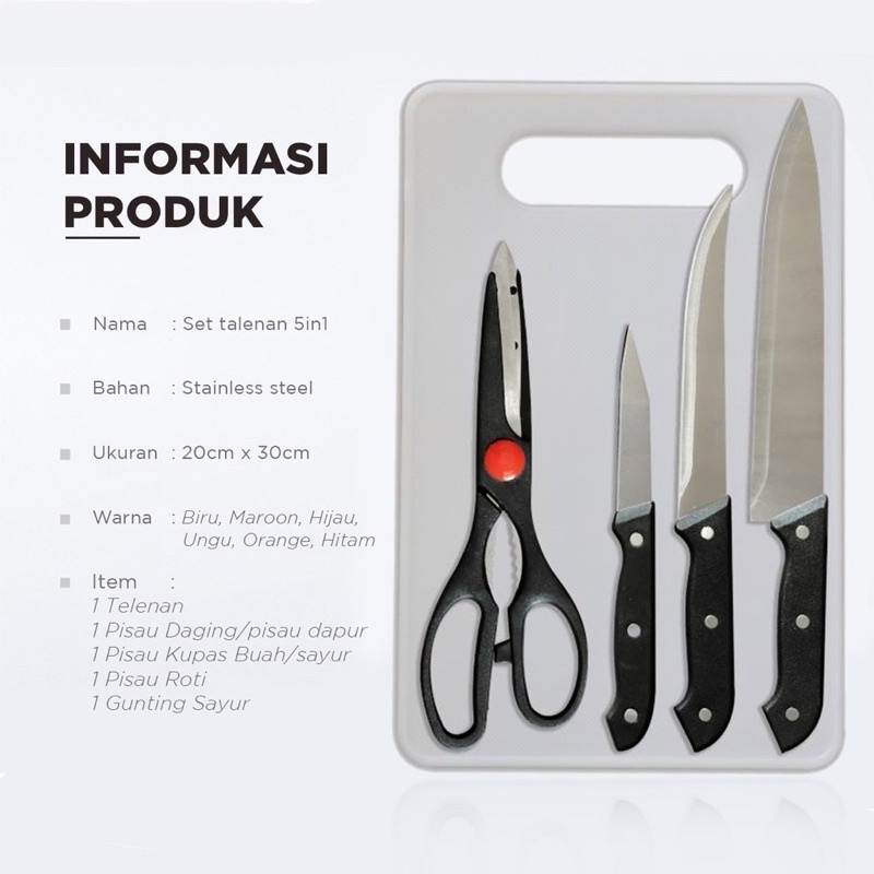 Set Talenan Pisau Gunting Dapur / SET PISAU DAPUR LENGKAP ( 5 IN 1 )