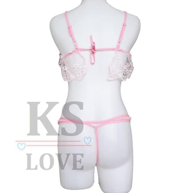 Lingerie Seksi Kostum Set Bra Renda + Celana Dalam Lace Pink