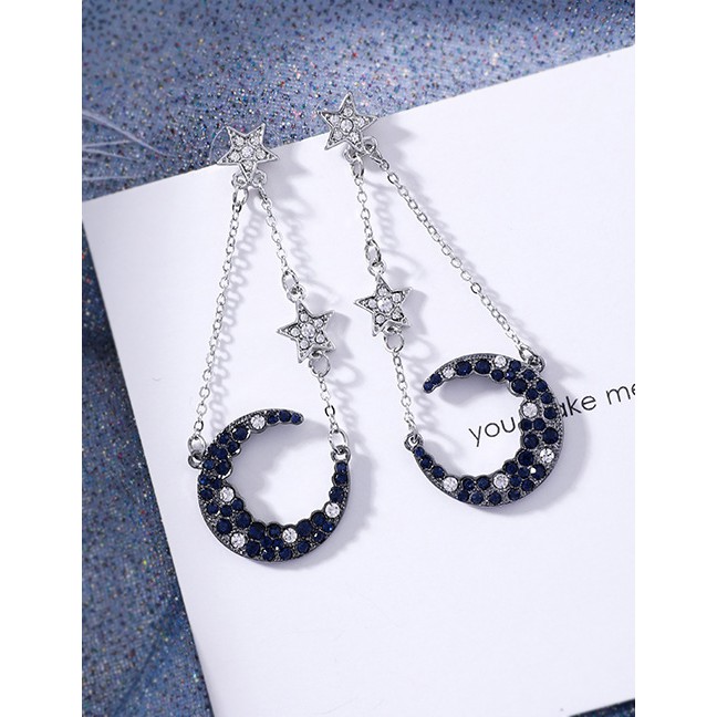 LRC Anting Tusuk Fashion Silver Blue Diamond Inlaid Tassel 925 Silver Needle Lucky Star Moon Stud