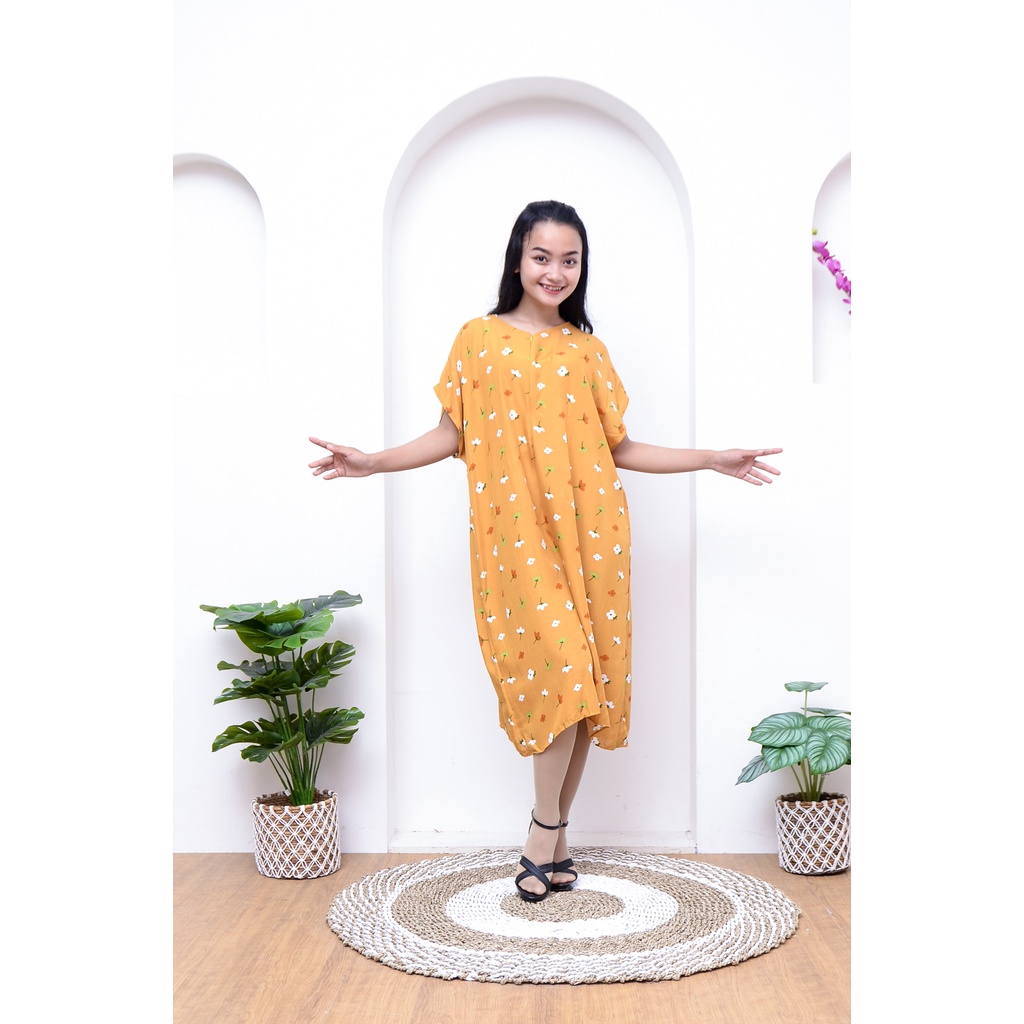Daster Viral Ruffle Busui Friendly Resleting Depan Lengan Pendek | Daster Kekinian Busui Murah | Daster Rayon Busui Motif Terbaru Panjang Selutut-Busui NROrangeFlower