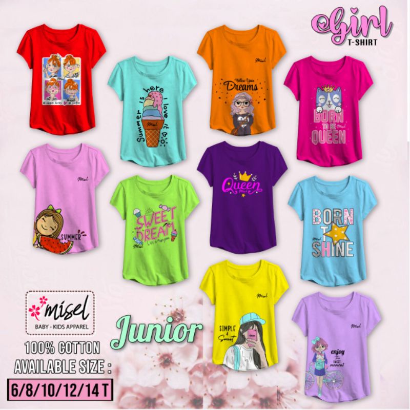 MISEL Kaos Lengan Pendek 5-12 Tahun Kaos Anak Perempuan Misel Junior ( SABLON CAMPUR)