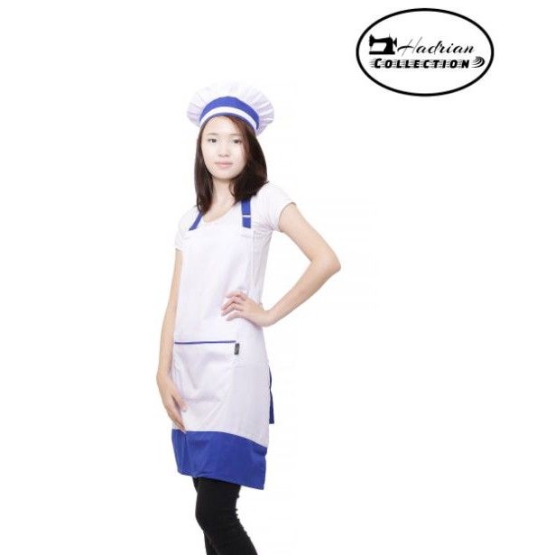 Celemek apron ombinasi biru putih merah putih &amp; topi koki