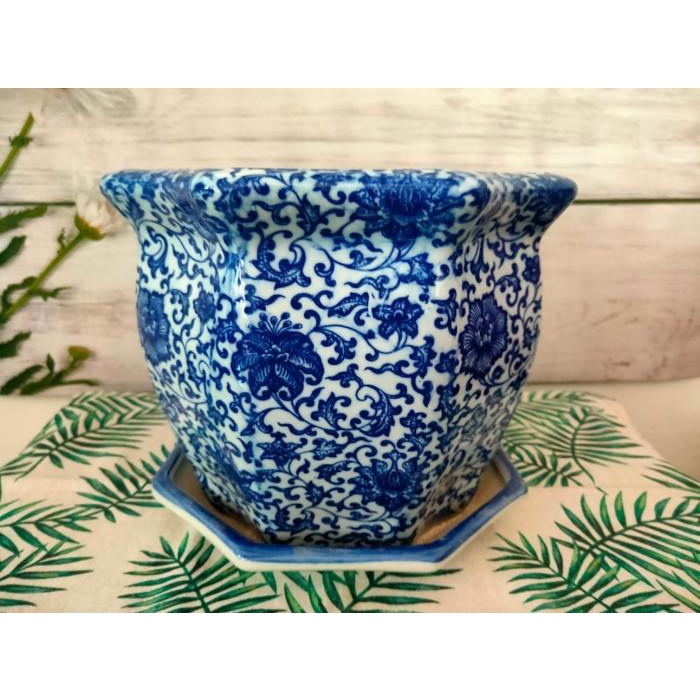 pot bunga keramik cina biru putih motif bunga mawar size l