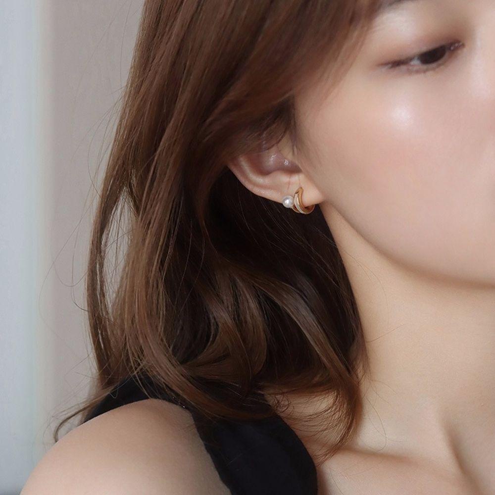 Needway Anting Mutiara Manis Indah Wanita Bentuk C Double Layer Fritillaria Anting Gaya Korea