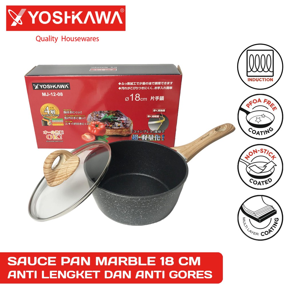 YOSHIKAWA Panci Wajan  Marble  Dengan Tutup Ceramic Pan 18CM 