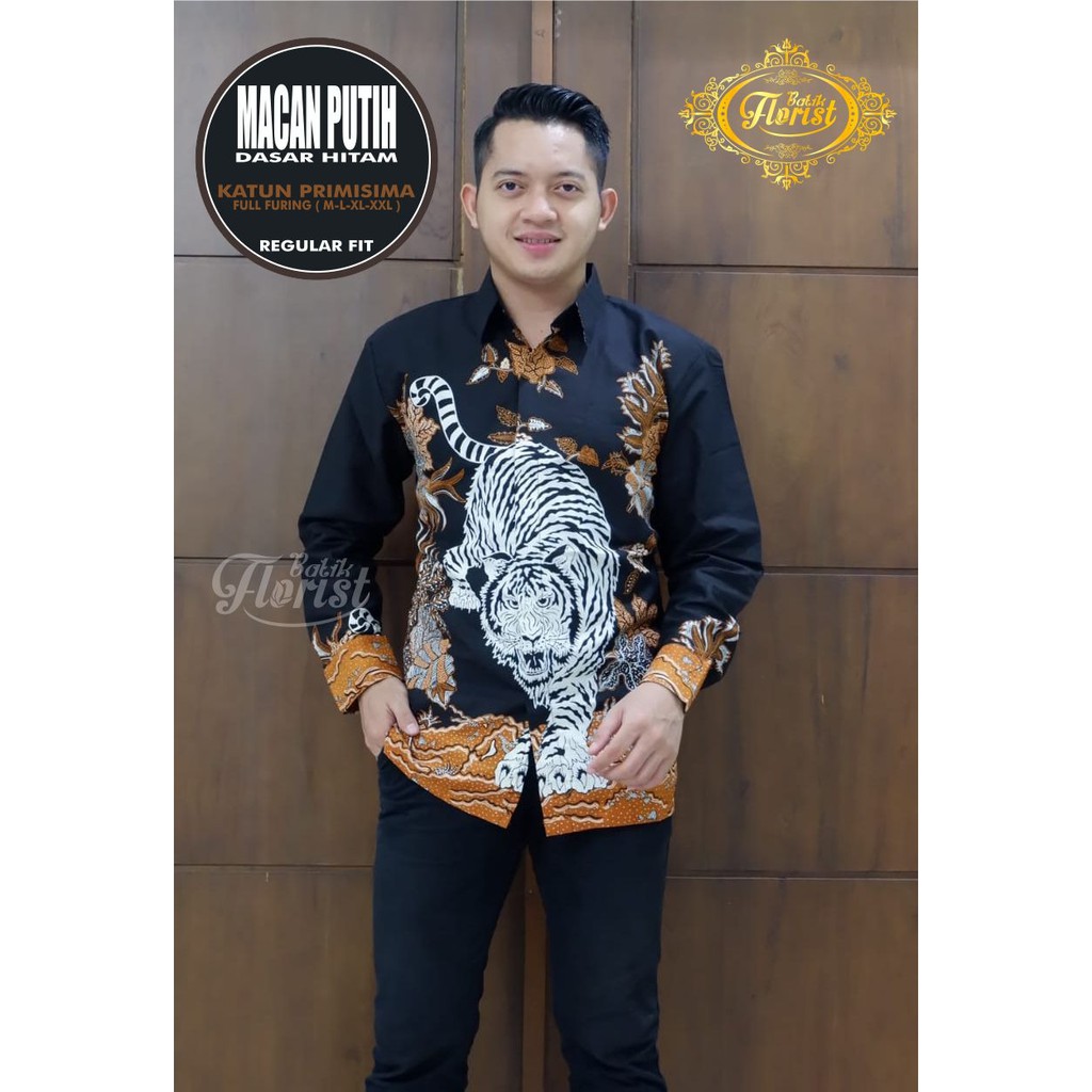 MACAN PUTIH Kemeja Batik Pria Lengan Panjang Katun Halus FULL FURING Florist