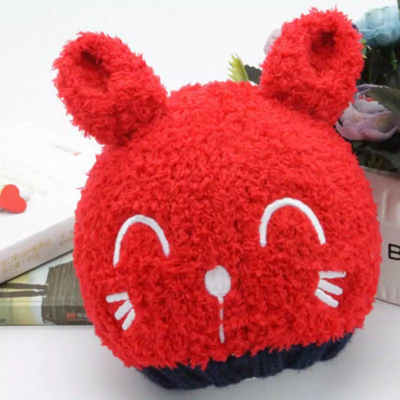 Topi Kupluk anak Bayi Rajut Fleece smiley cat hangat lembut fashion baby import-Merah