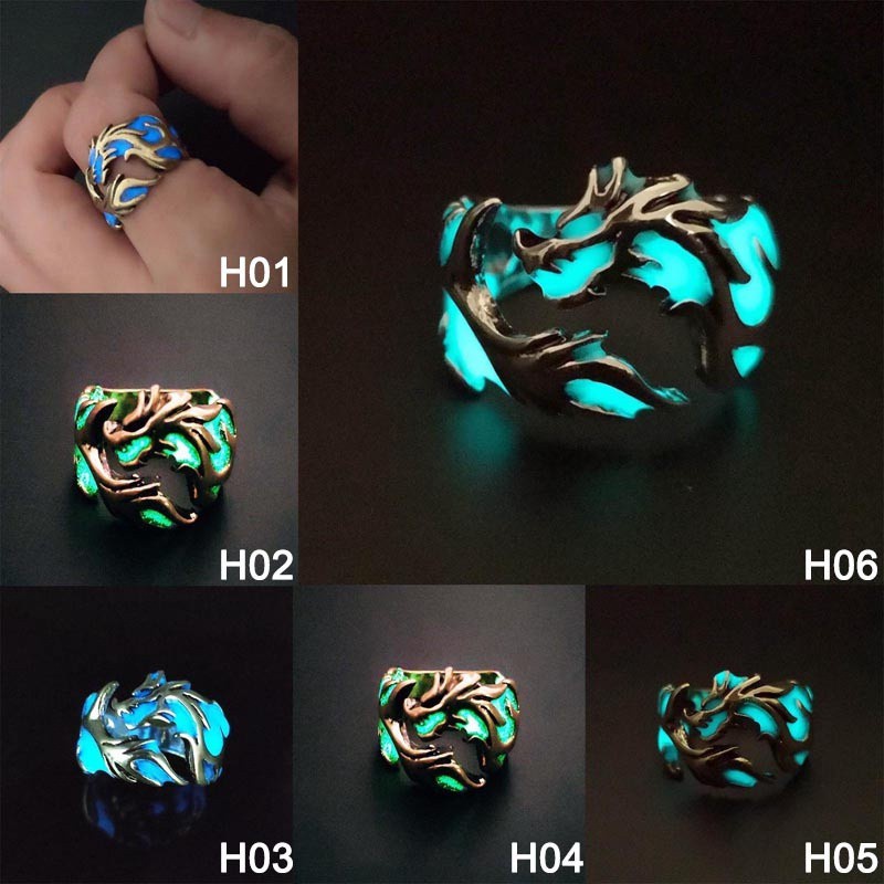 Cincin Desain Naga Luminous Glow In The Dark Gaya Vintage Untuk Pria Dan Wanita