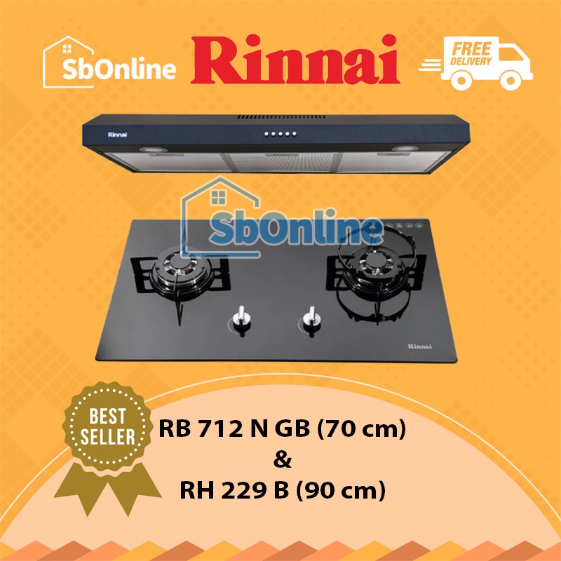RINNAI Paket Kompor Tanam 2 Tungku 70 cm dan Cooker Hood 90 cm - RB 712 NGB &amp; RH 229 B