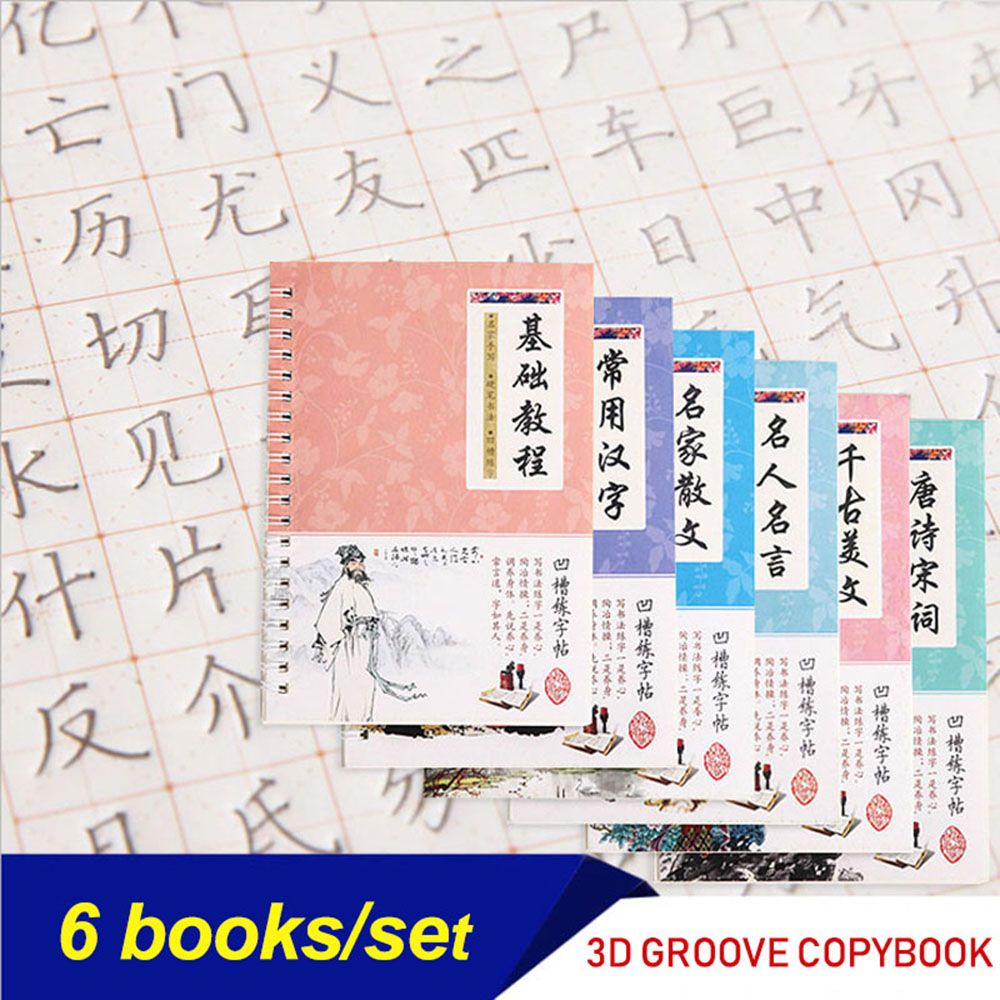 QUINTON 6Pcs/Set Copybook Art Calligraphy Writing Books 3D Character Reusable with Erasable Pen Chinese Student Practice/Multicolor