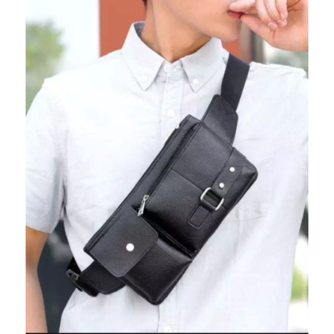 Tas Selempang Dada Pria Chest Bag Kulit Sintetis PU Waistbag Tas Pinggang