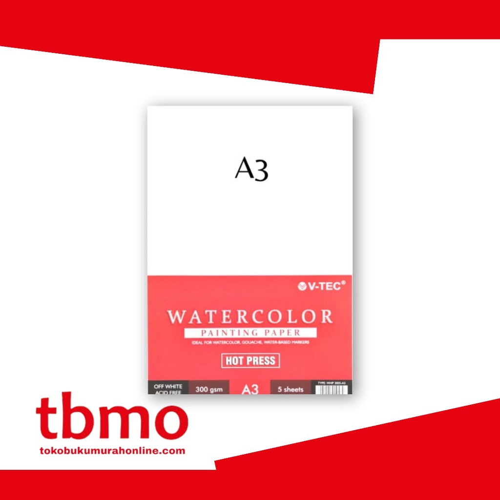 

TBMO WATER COLOUR PAINTING PAPER WHP 3005 5SHEETS/300GR UK.A3 HOT PRESS V-TEC / KERTAS GAMBAR / KERTAS LUKIS