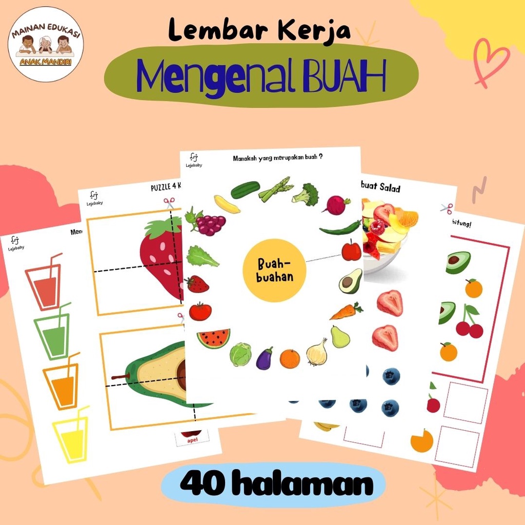 Jual WORKSHEET ANAK 2 3 4 5 6 tahun Printable BELAJAR BUAH Lembar Kerja