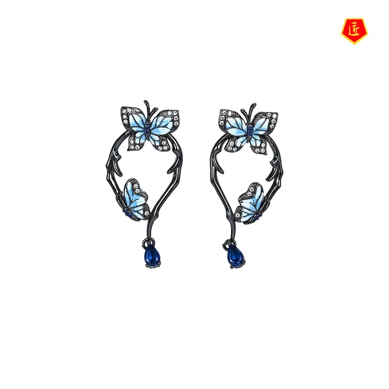 [Ready Stock]Three Butterfly Black Gold Ring Creative Elegant Ear Studs Suit for Women