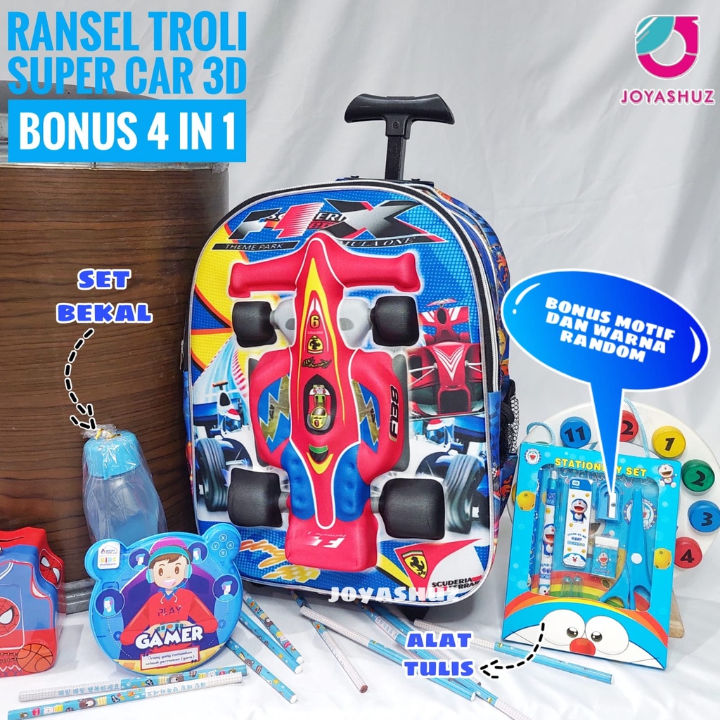 Tas Troli 3D Anak SD Berbonus - Ransel Troli 3D Anak SD Super Car - Tas Troli Sekolah Anak SD Karakter Super Car - Tas Troli Anak Laki-Laki SD Gratis Botol Dan Misting - Tas Troli Sekolah Anak Karakter Lucu - Joyashuz