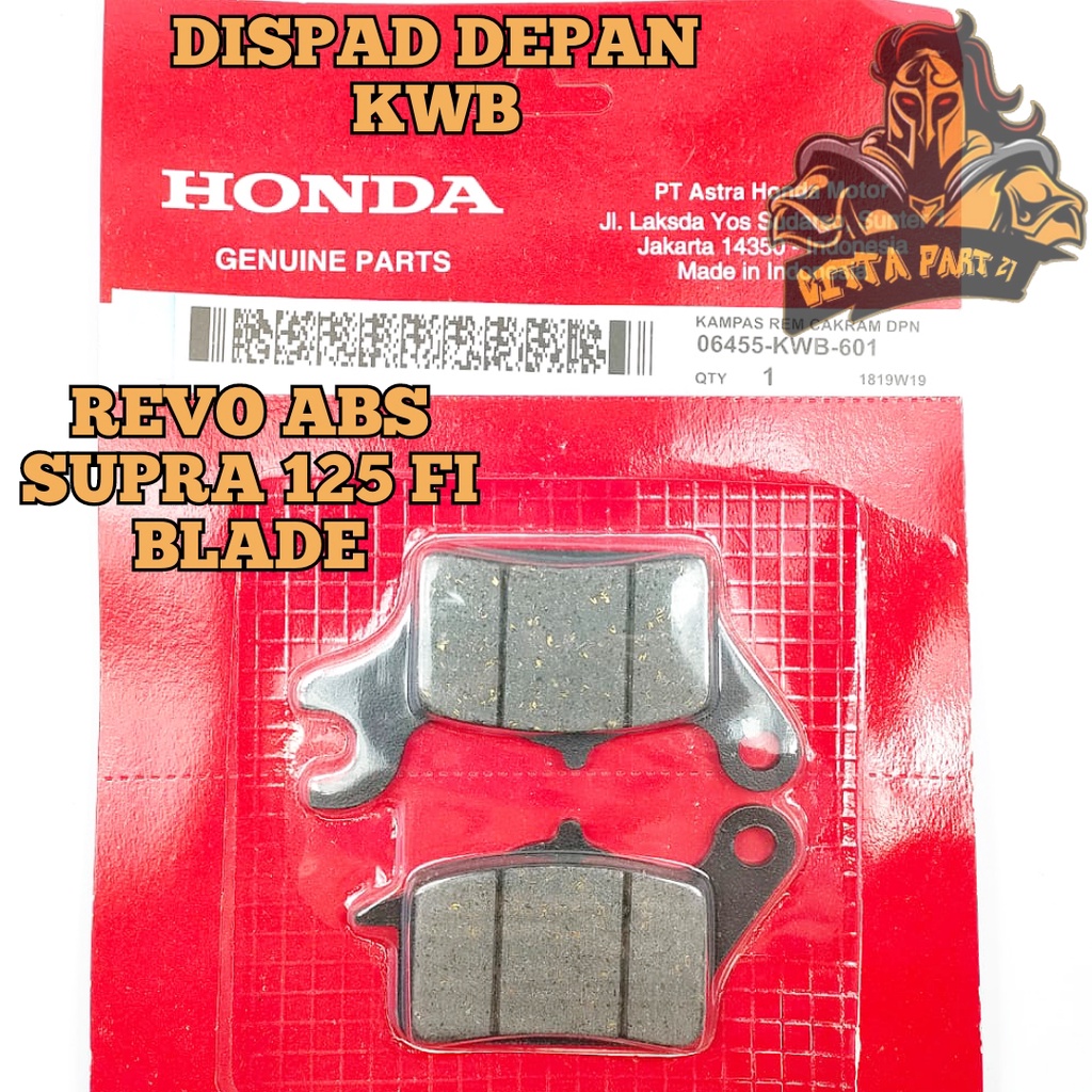 DISPAD DISC PAD KAMPAS REM DEPAN HONDA KWB KUALITAS ASLI ORIGINAL HONDA AHM PRESISI TIDAK SELIP TIDAK BUNYI AWET DAN DIJAMIN MANTAP / KAMPAS REM REVO ABSOLUTE / KAMPAS REM SUPRA 125 / KAMPAS REM BLADE / DISPAD REVO ABSOLUTE / DISPAD SUPRA 125