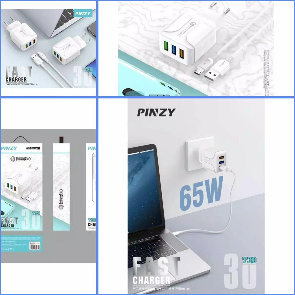 PROMO !! CHARGER PINZY 65 WATT 3 USB SUPER FAST CHARGING ORIGINAL