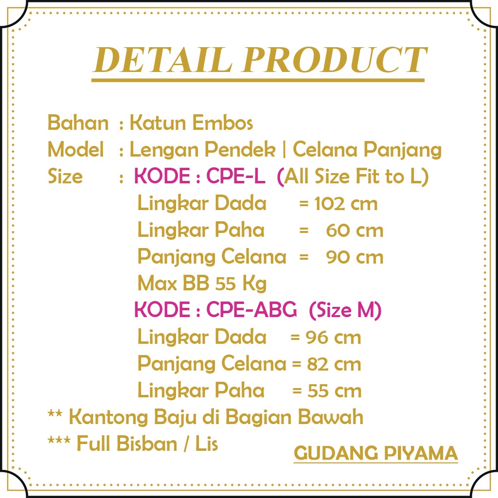 Stelan Piyama Baju Tidur Wanita Lengan Pendek CP Embos Motif Premium LD 102 Cm