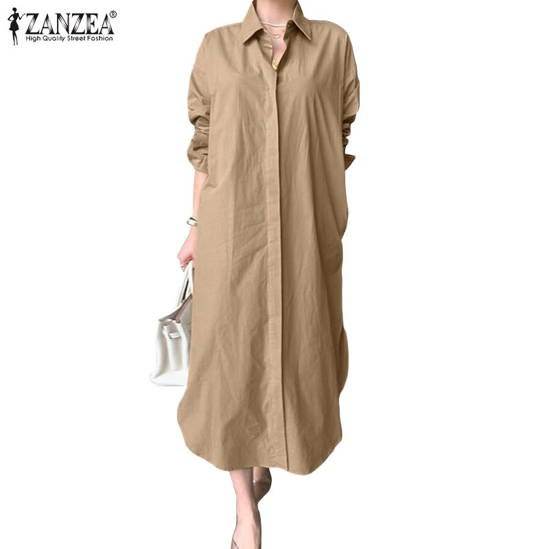 ZANZEA Women Vintage Retro Casual Solid Turn Down Collar Long Dress