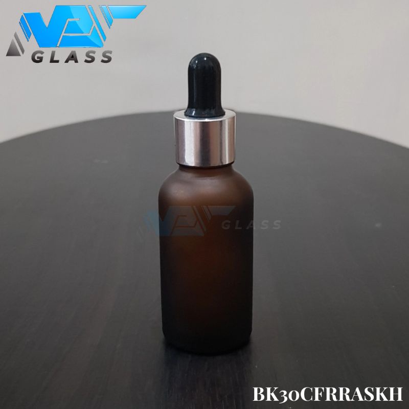 botol kaca pipet 30ml amber coklat frosted doff - ring almunium silver