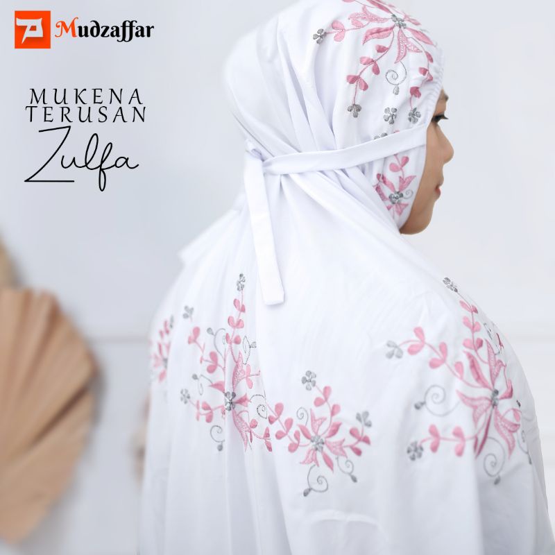 mukena terusan/lajuran Zulfa putih,,bordir warna dan metalik