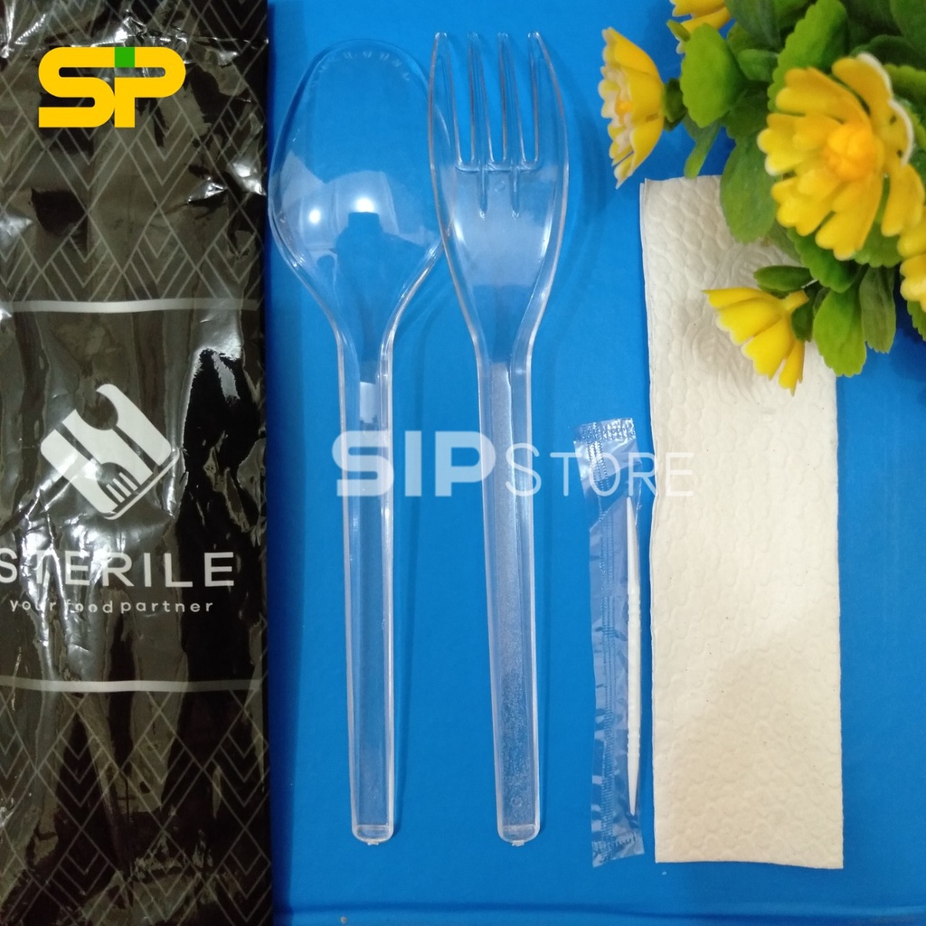 STERILE Sendok Garpu Plastik Set / Set Alat Makan / Cutlery Set Bening