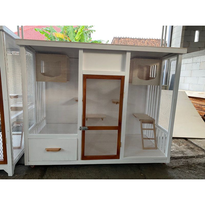 kandang kucing bahan kayu ukuran besar dengan laci jumbo