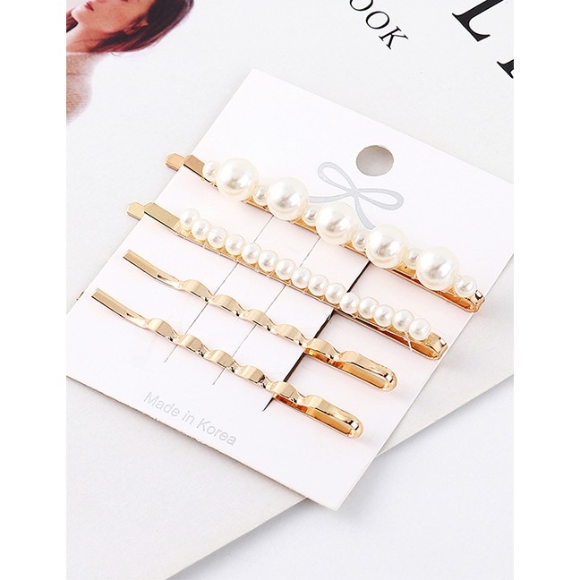 LRC Jepit Rambut Fashion Gold Alloy Pearl Hair Clip Set Y61875