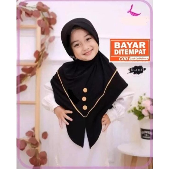 kerudung instan jersey bergo anak perempuan umur 3-8 tahun bahan jersey hyget jumbo motif list kancing tali serut ped antem terbaru