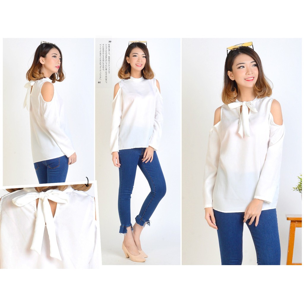 [Blouse Selina SW] blouse wanita wolly crepe broken white dan merah