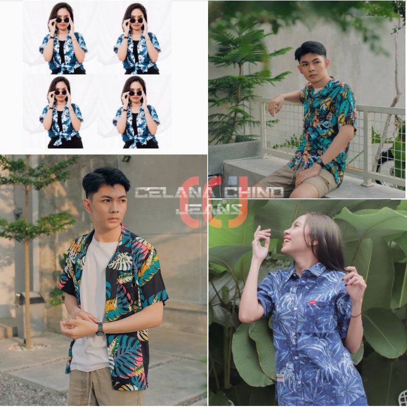 Baju Kemeja cowok cewek pria casual surfing pantai hawai retro lengan pendek hem motif bunga wanita