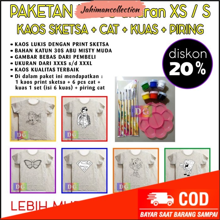 

✨ BISA COD ✨ Paketan Kaos Lukis Dengan Sketsa Gambar Siap Diwarnai - size XS atau S