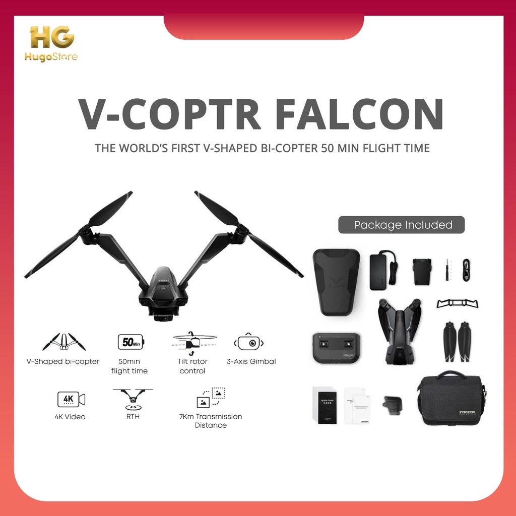 Zero Zero V-Copter Falcon Drone V shape 3-axis Gimbal 7KM Flight 50Min