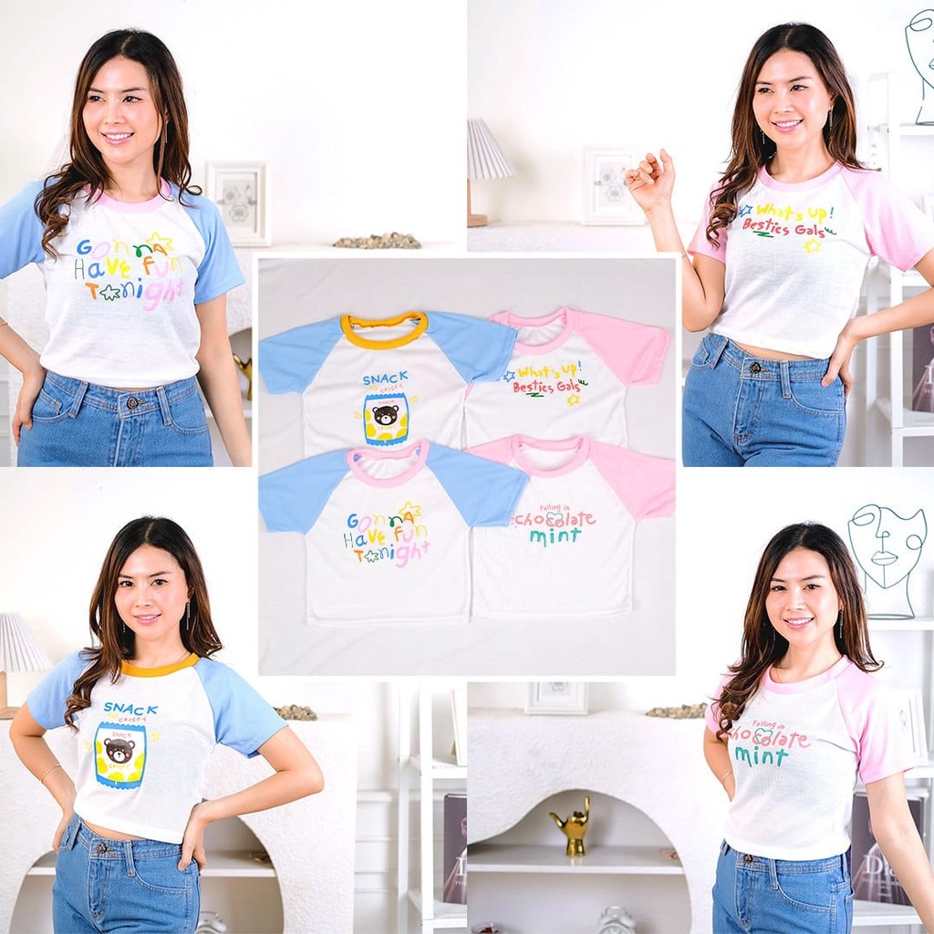 Tq88indonesia Fashion Baju Atasan Wanita Terbaru /  Crop Colorfull Snack Crispy / Busana Casual Cewek Lengan Raglan Terbaru / Ootd / Outfit Kasual