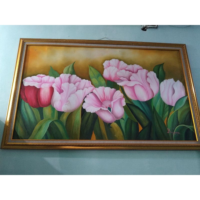 lukisan bunga tulip mekar ukuran 135x85 asli buatan tangan