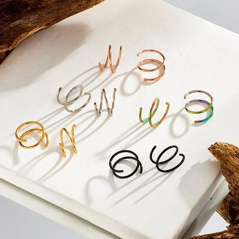 Cincin Tindik Hidung Bahan Stainless Steel Model Double Layer Gaya Hip Hop Punk Untuk Pria Dan Wanita