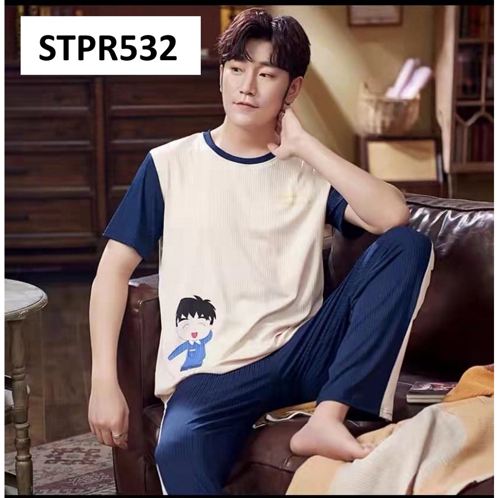 Baju Tidur Pria CP Lengan Pendek Celana Panjang Stripe Grey