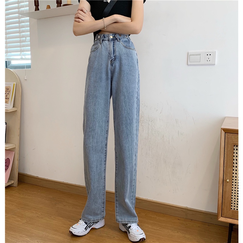 Perempuan Korea Fashion Lurus longgar Kasual lebar Leg Jeans