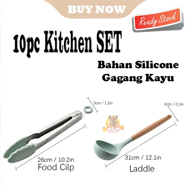 Kitchen set 10PC silicone utensil gagang kayu PREMIUM Tahan Panas