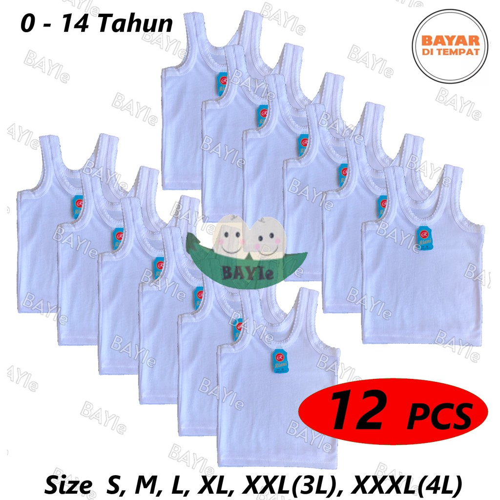 BAYIe - 12 PCS (1 lusin) Kaos Dalam/Singlet Bayi/Anak Putih RIANI/GAIXIN 0-12 tahun S,M,L,XL,3L,4L