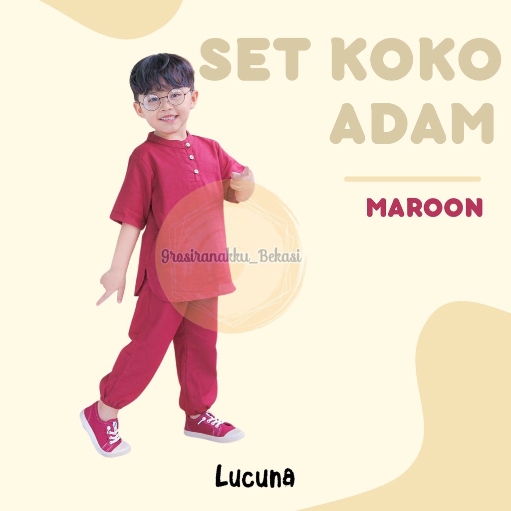 Setelan Anak Koko Adam Lucuna Linen Warna Maroon 1-5thn